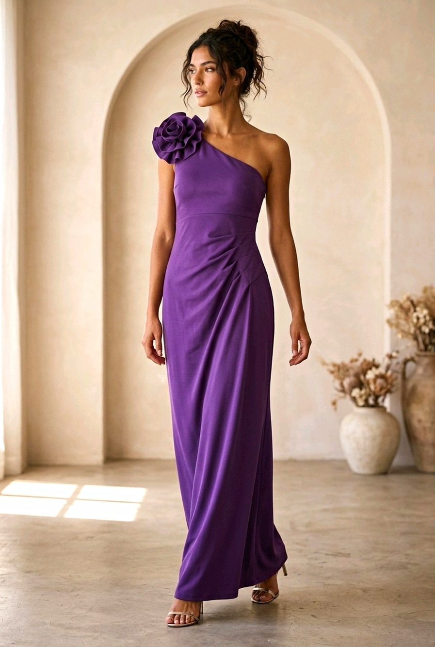 Vintage SLNY Purple One-Shoulder Ruffle Rosette Formal Bridesmaid Dress Size 14